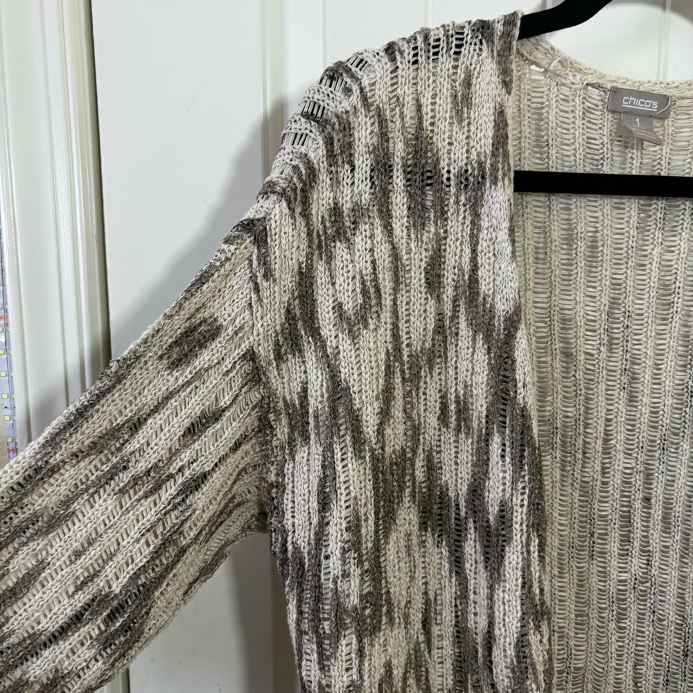 Chicos Cardigan Sweater Tan White Open Knit Size 1  E2